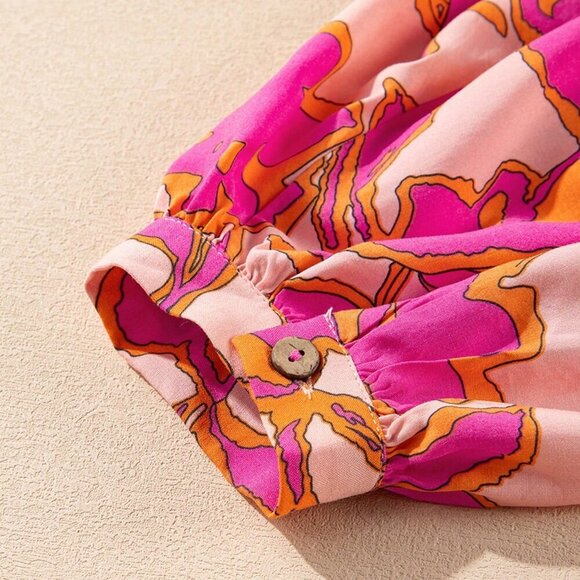 Multicolor Boho Women's Floral Print Batwing Sleeve Buttoned Loose Fit Shirt - Picture 8 of 8